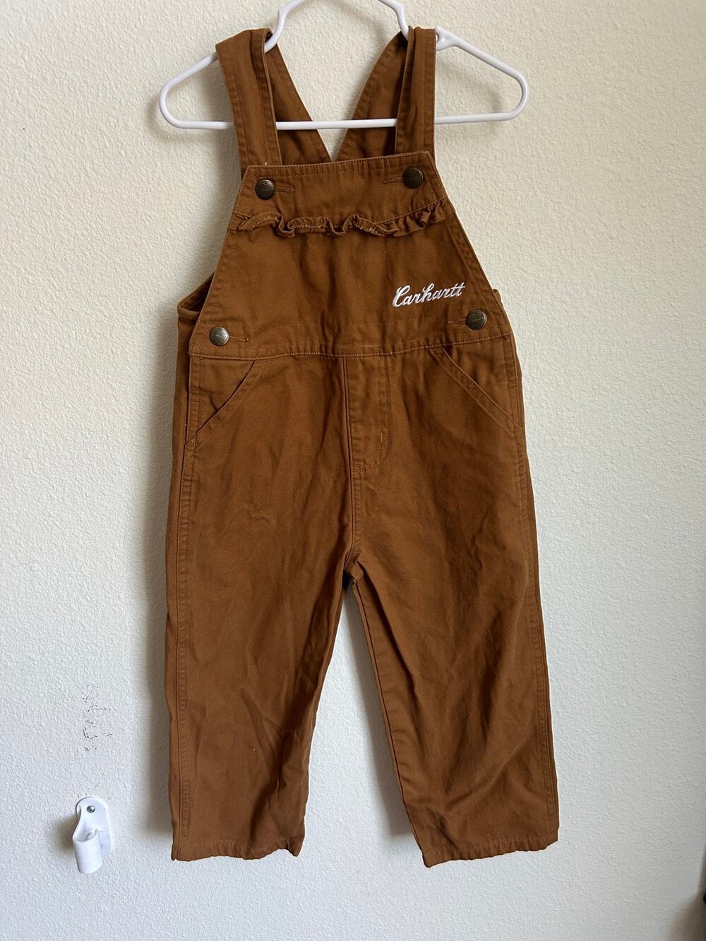Carhartt Toddler Girls Brown Duck Canvas Ruffle Bib Overalls 3T Carpenter